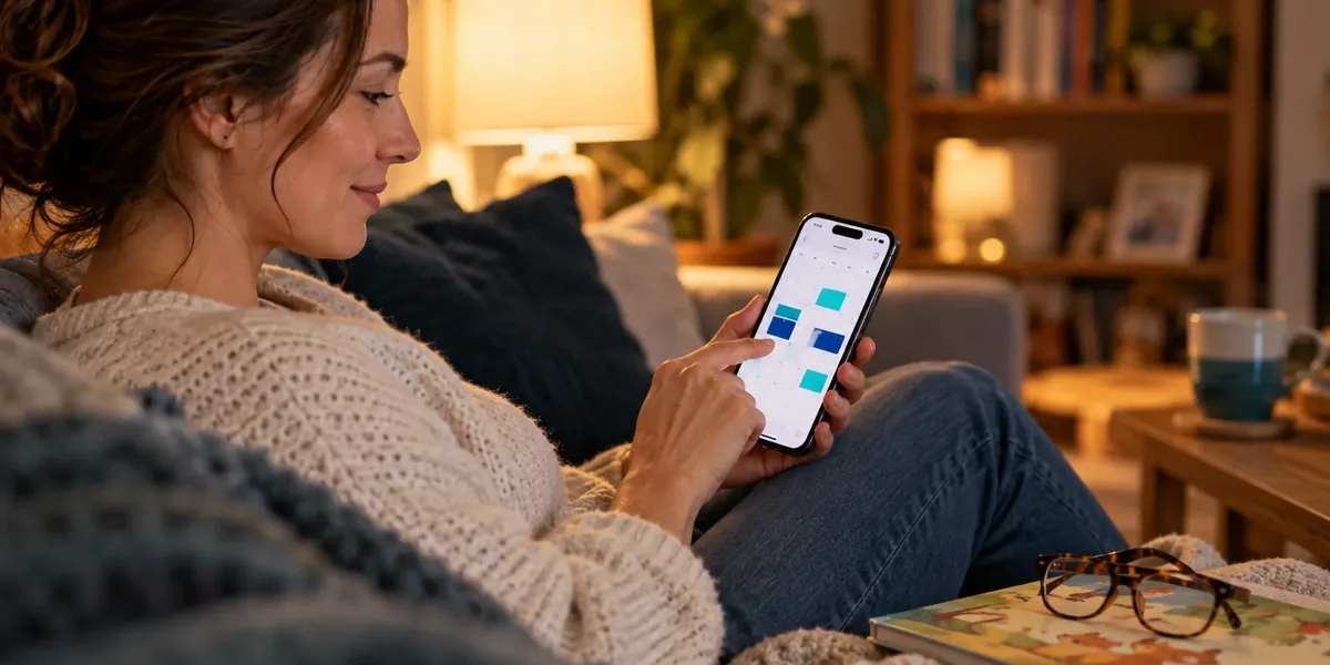Frau bucht abends auf dem Sofa per Smartphone einen Termin in einem Kalender mit freien Zeiten