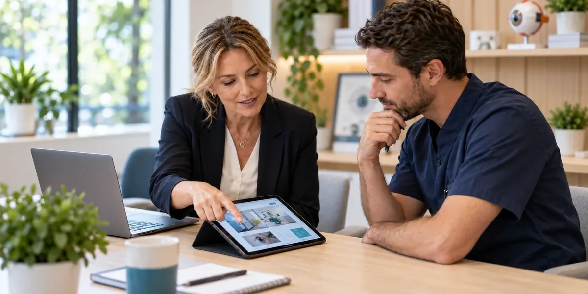 Beraterin und Augenarzt im dunkelblauen Kasack besprechen am Tablet den Entwurf einer neuen Praxiswebsite