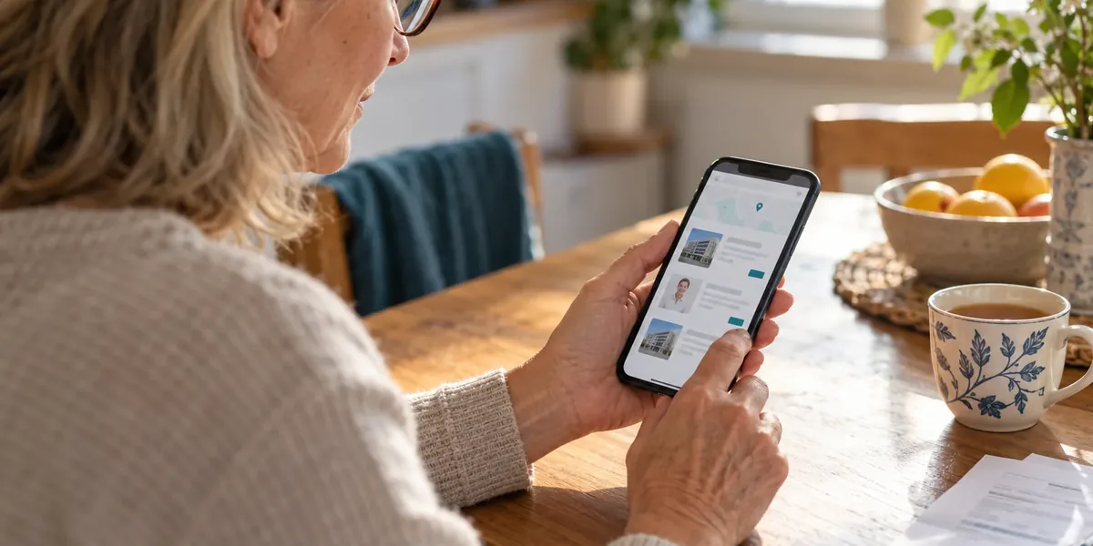 Ältere Patientin sucht am Küchentisch mit dem Smartphone nach einer Augenarztpraxis